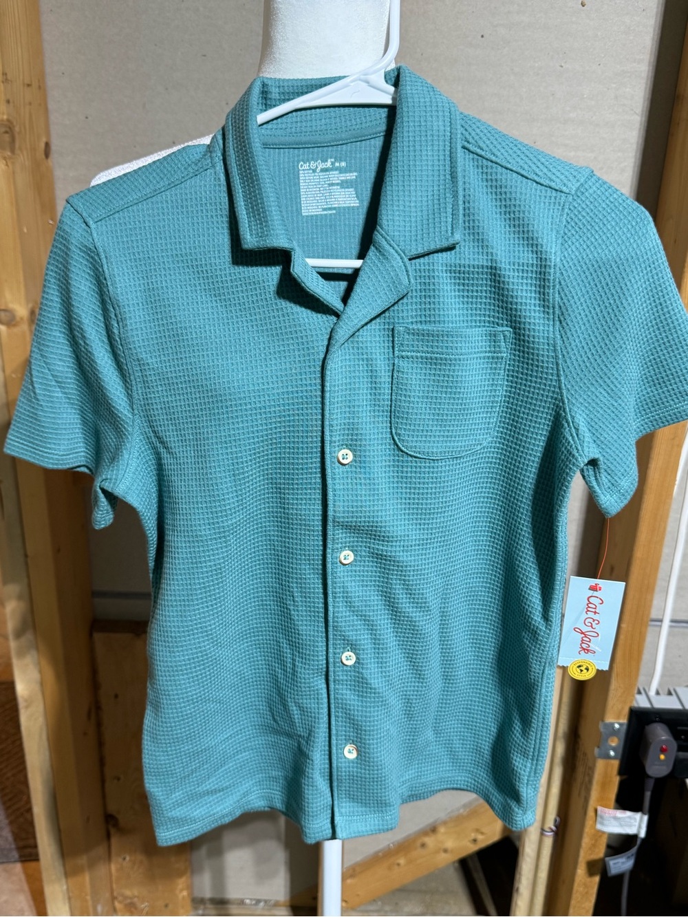 Cat & Jack Teal Short-Sleeve Waffle Knit Button-Front Shirt